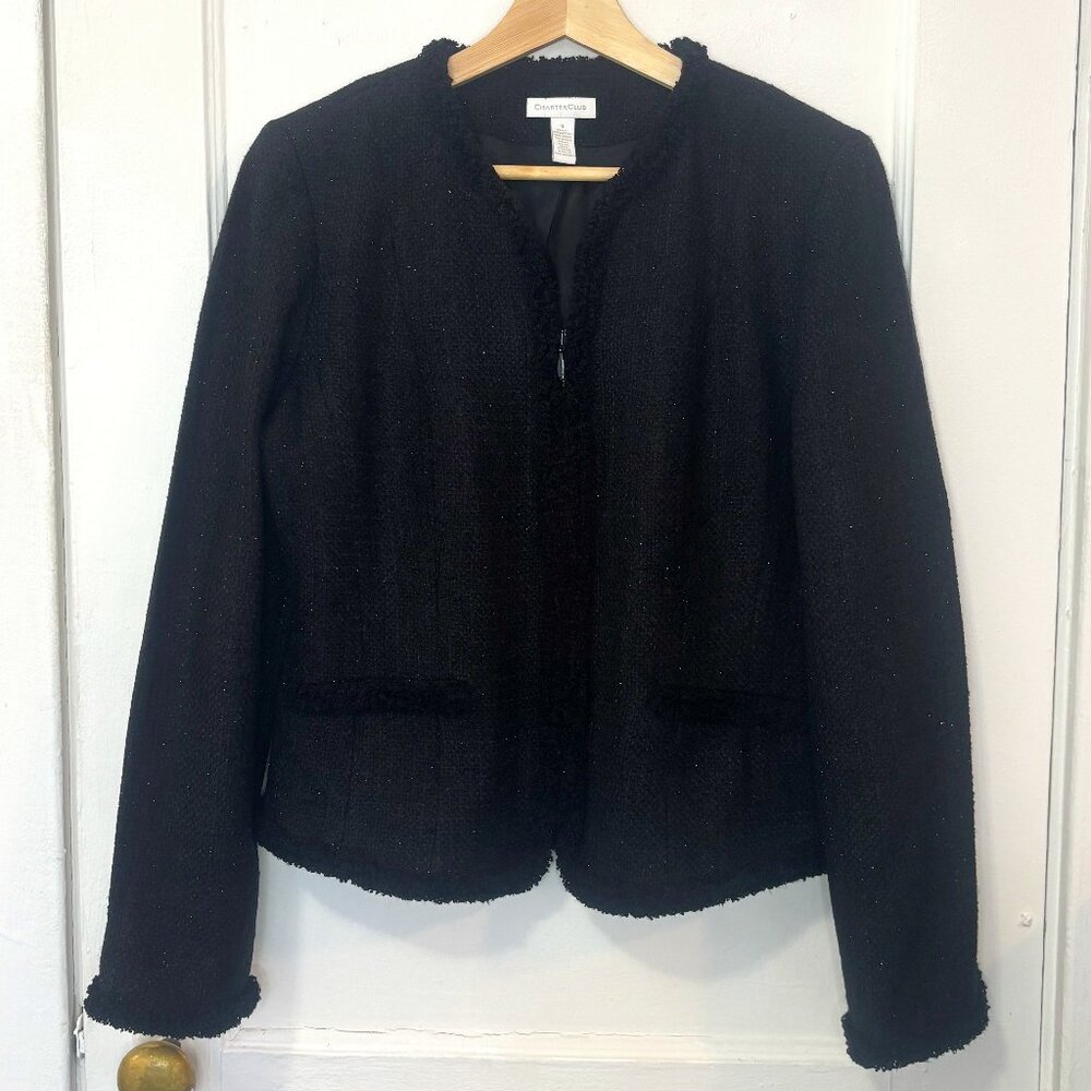 Charter Club Women's Black Metallic Tweed Ladylike Jacket, Front Zip, Size 8